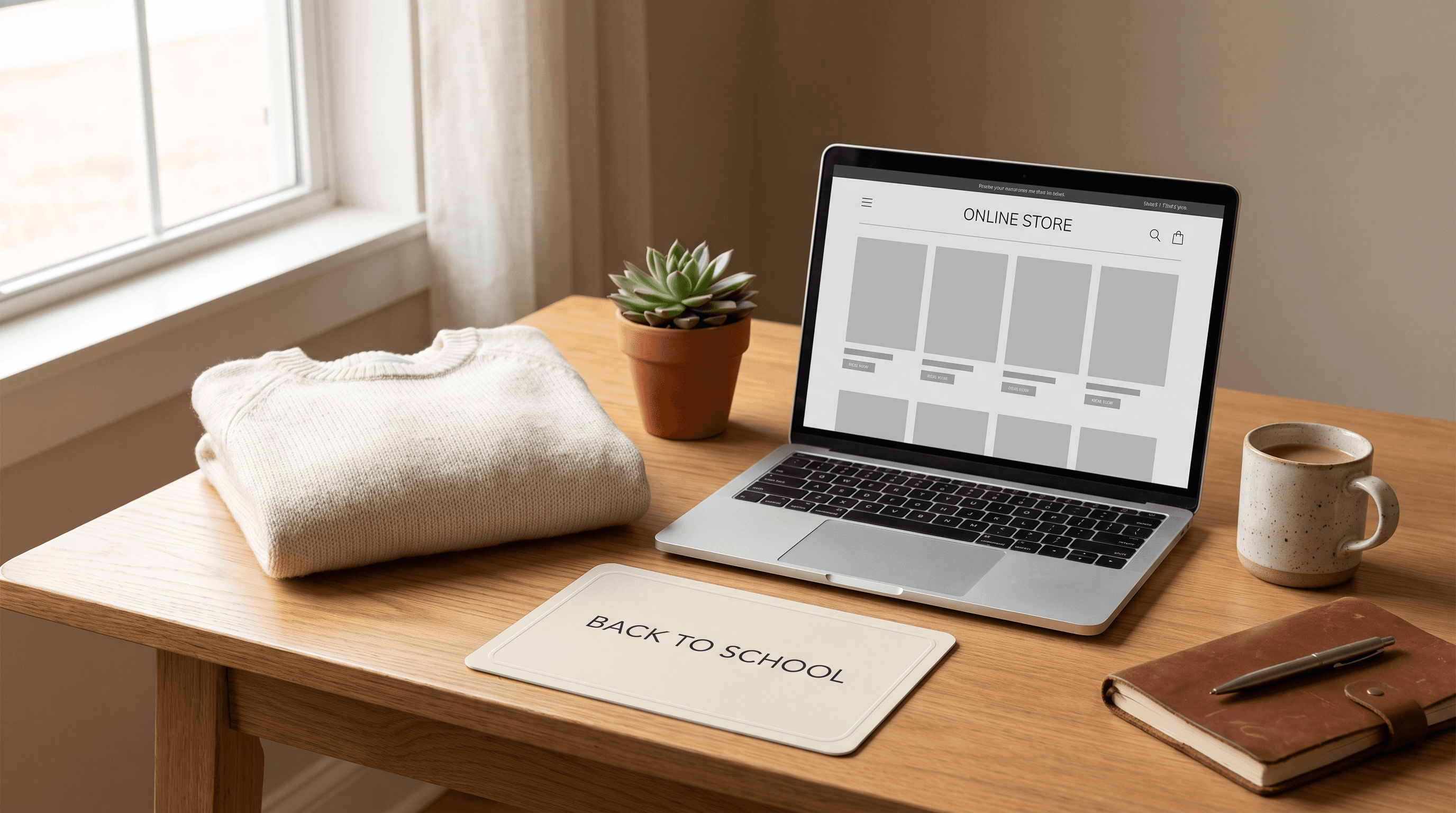 A back-to-school gift card on a sunlit desk beside a folded sweater and a laptop showing an online store
