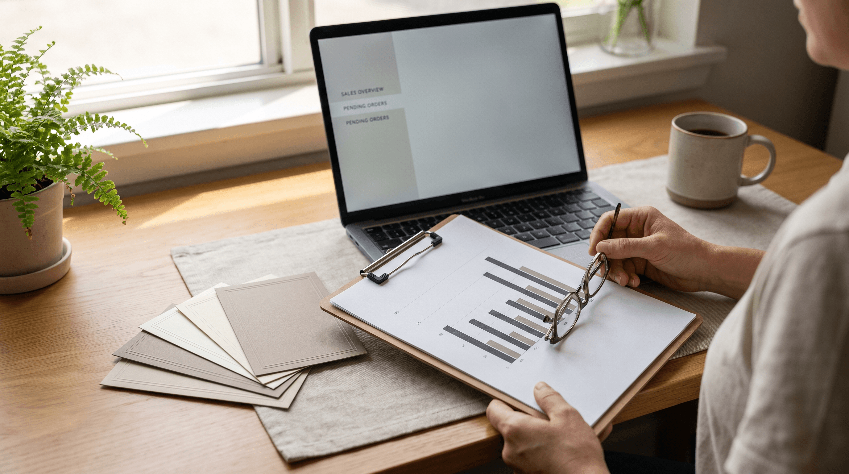 A small business owner reviews a printed benchmark report with a bar chart, next to a fan of blank matte gift cards on a sunlit desk