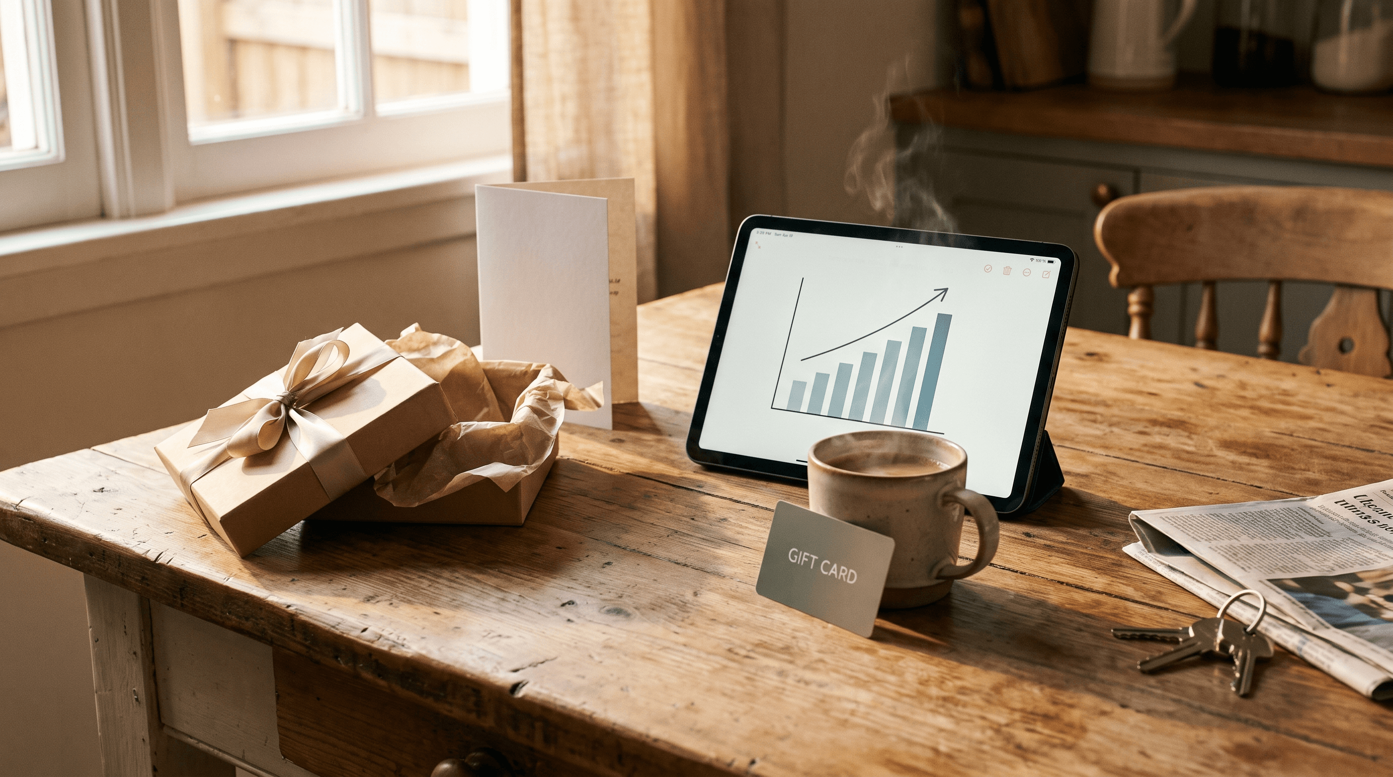 An opened gift and a gift card on a kitchen table beside a tablet showing rising sales