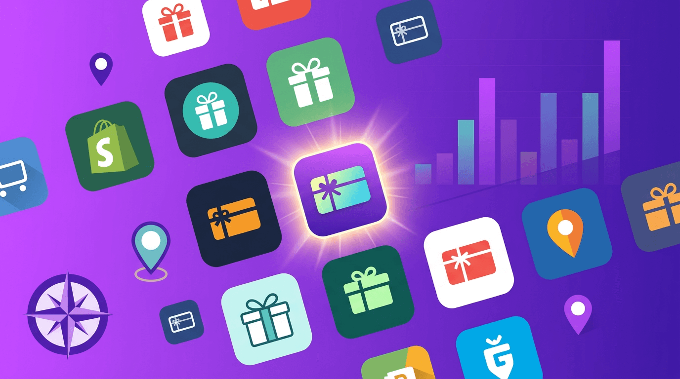 Grid of gift card app icons showing the Shopify marketplace landscape