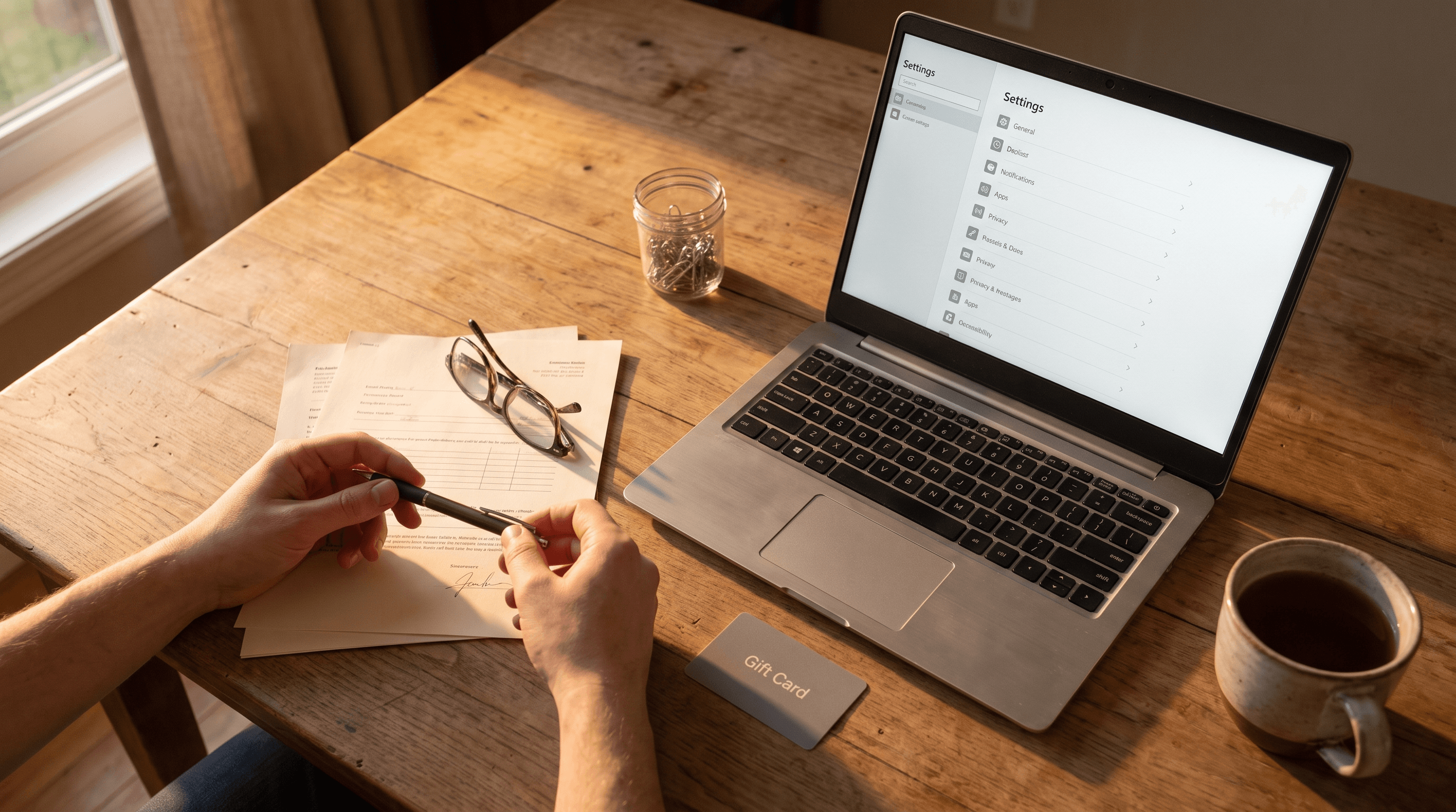 Hands reviewing and signing printed documents at a desk beside a laptop and a gift card