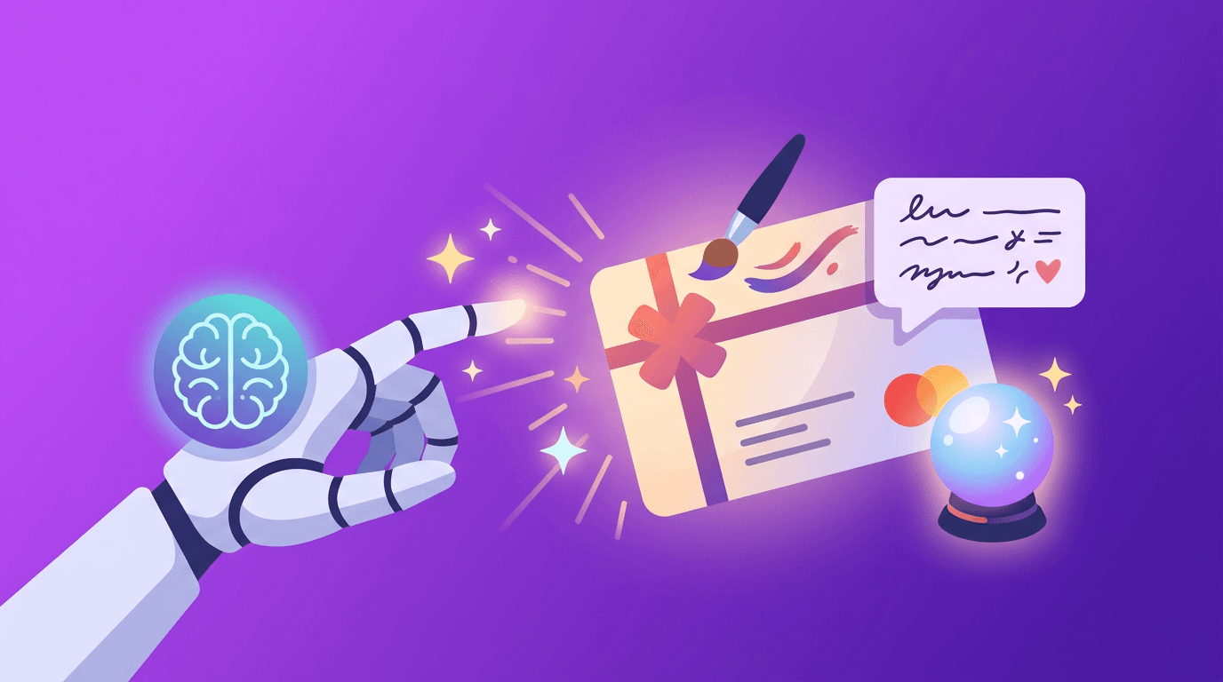 AI robotic hand personalizing a gift card with creative elements